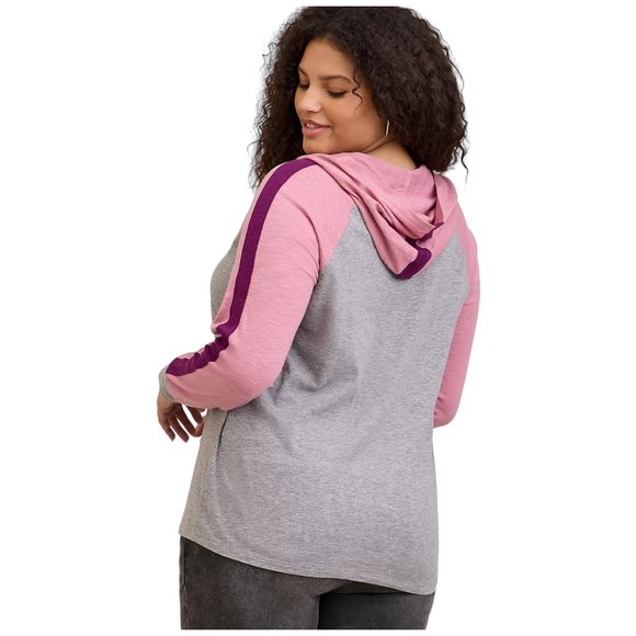 961. M/L - TORRID - Super Soft T-Shirt Hoodie Varsity Stripe Pink Gray NEW - Picture 1 of 4